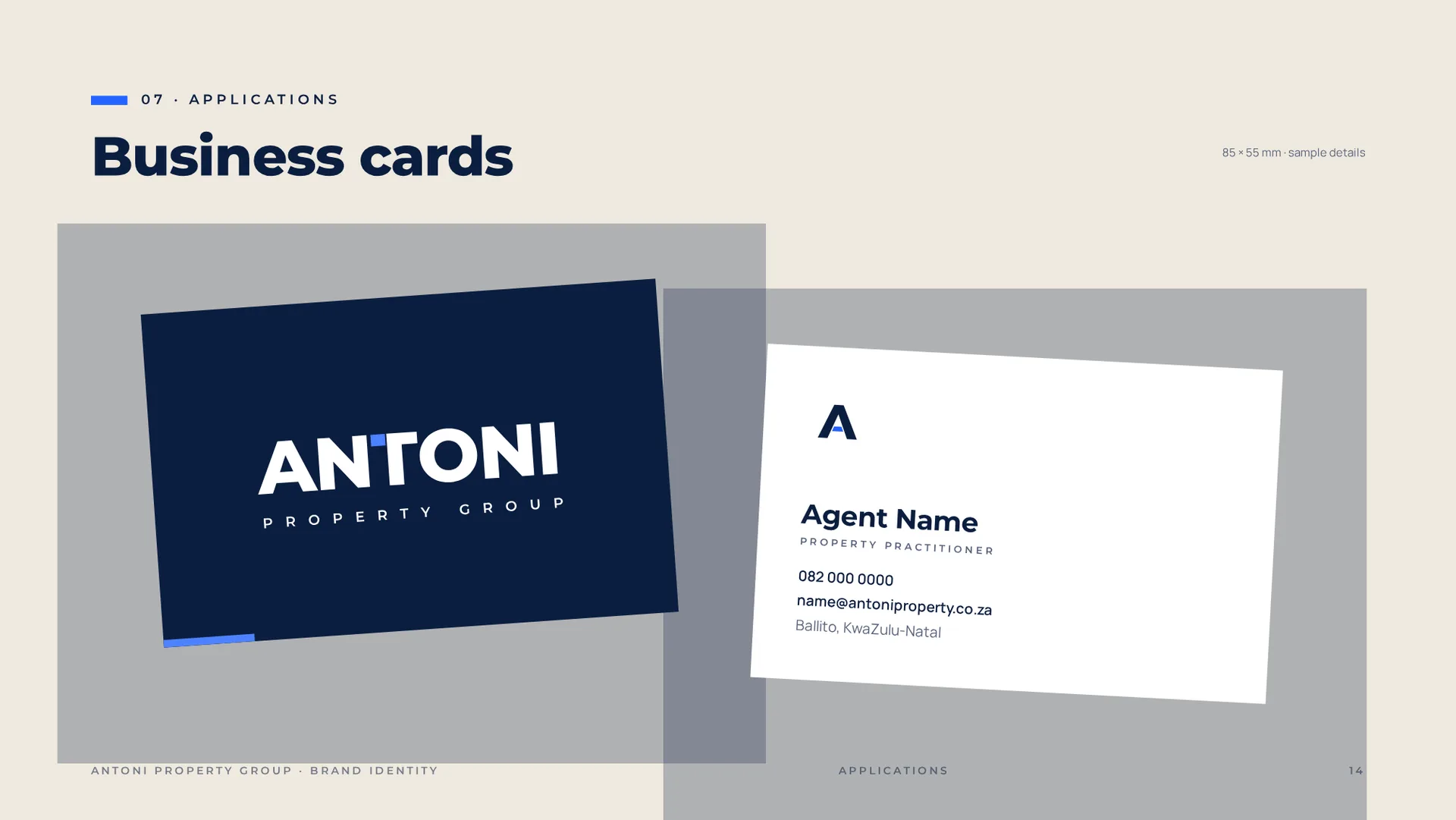 Antoni business cards, front and back