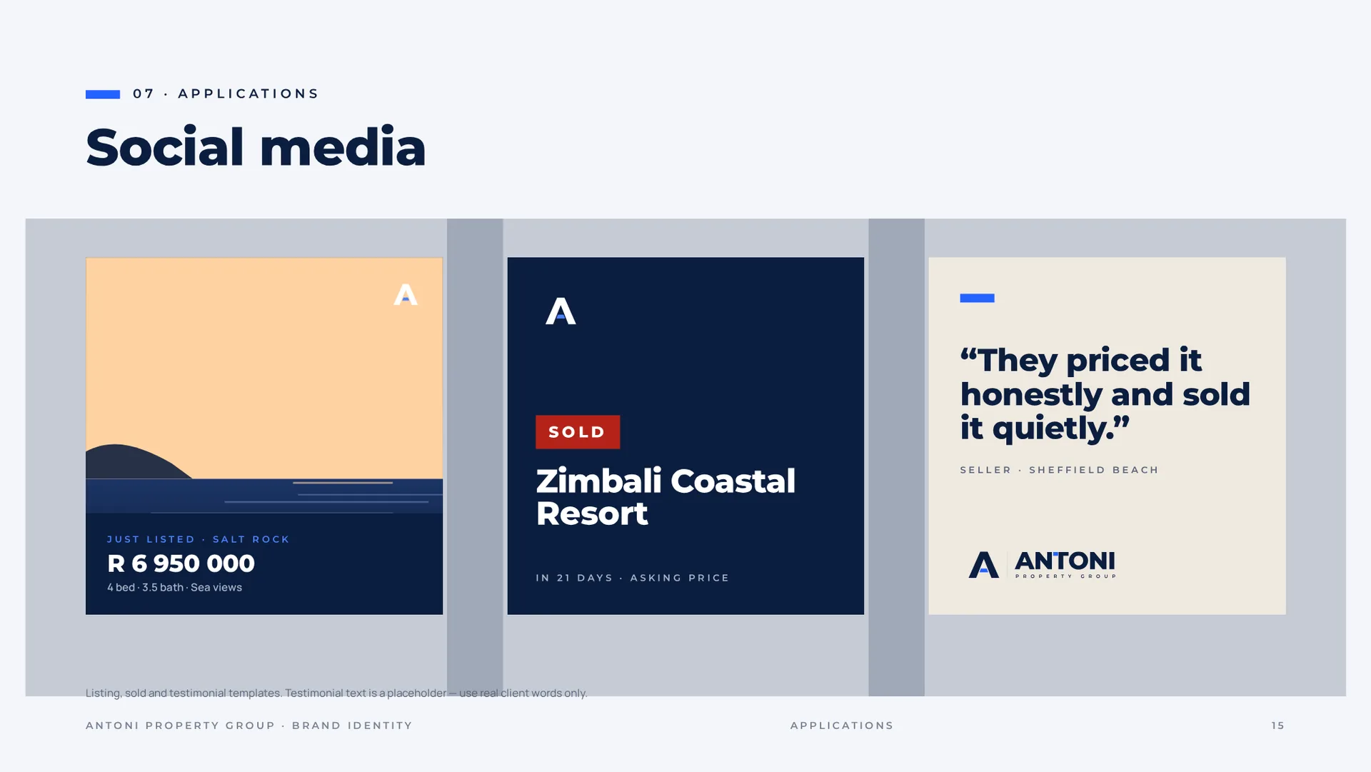 Antoni social media templates: just listed, sold and testimonial
